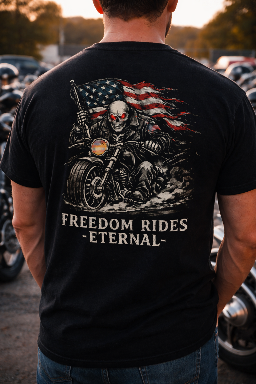 Freedom Rides Eternal Motorcycle Tee | Skull Biker American Flag