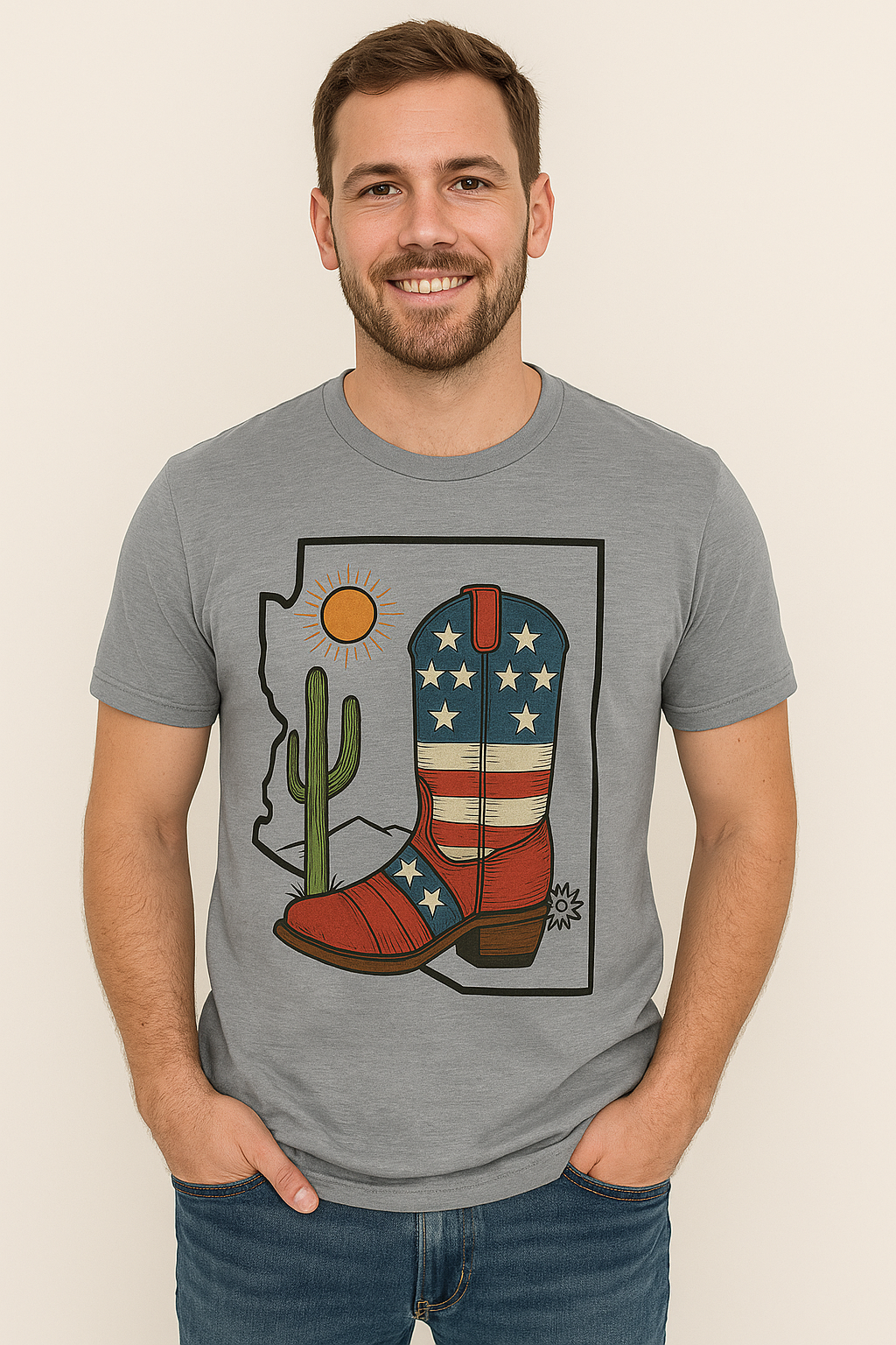 Arizona Cowboy Boot T‑Shirt — USA Patriotic Western Tee with Cactus & Sun