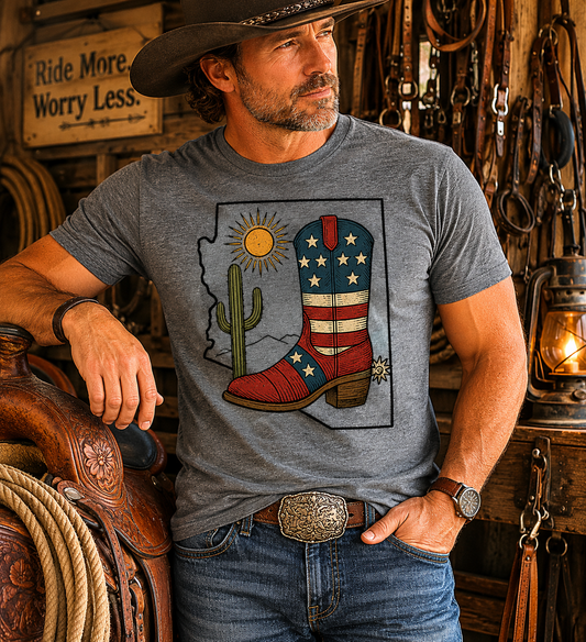 Arizona Cowboy Boot T‑Shirt — USA Patriotic Western Tee with Cactus & Sun