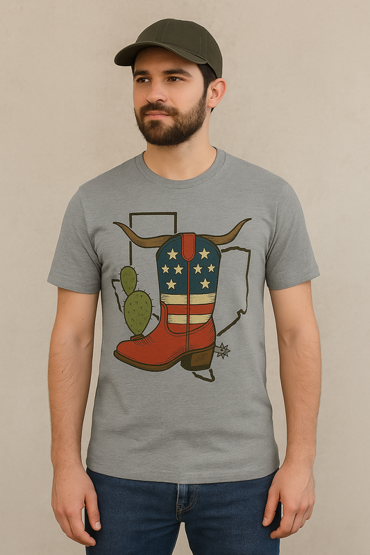 Texas Western Cowboy Boot T-Shirt — American Pride Longhorn Design
