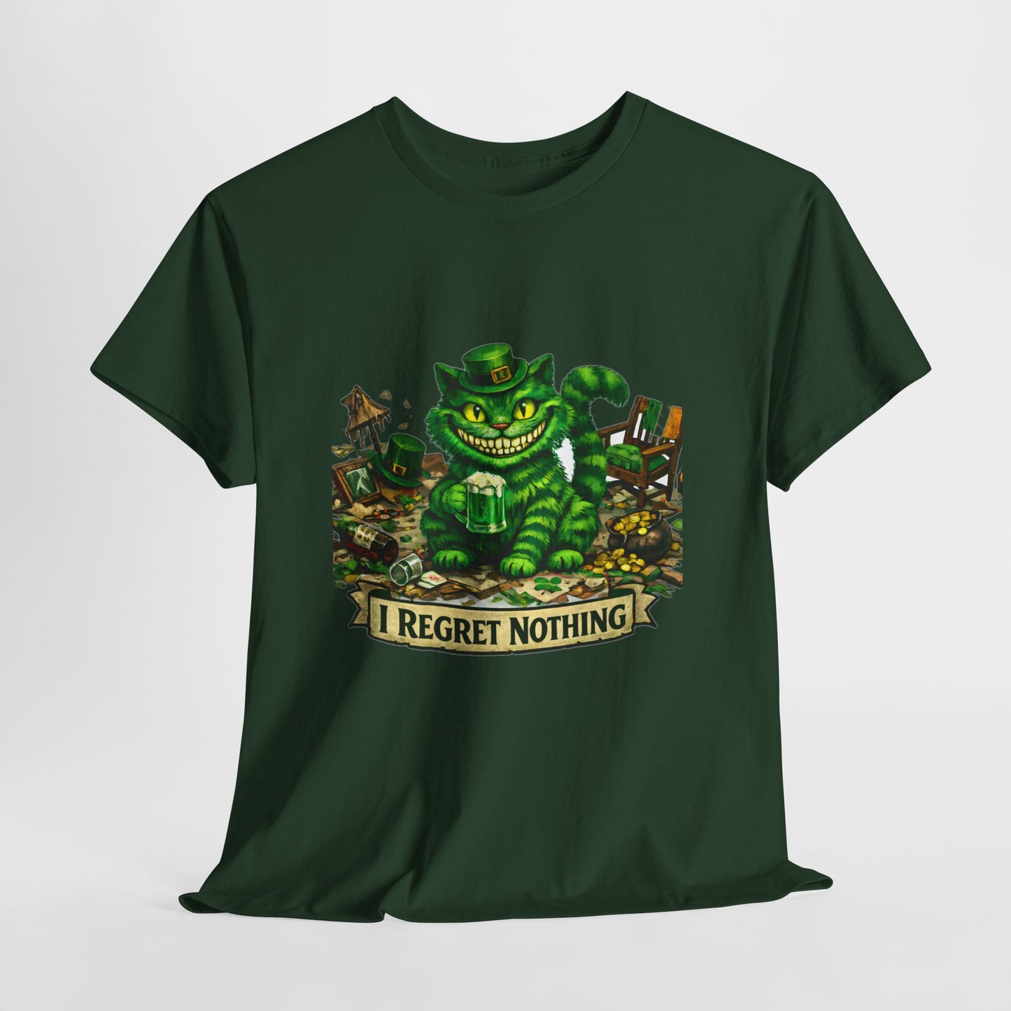 Grinning Cheshire Cat 'I Regret Nothing' Heavy Cotton T-Shirt | Mischief Cartoon Tee