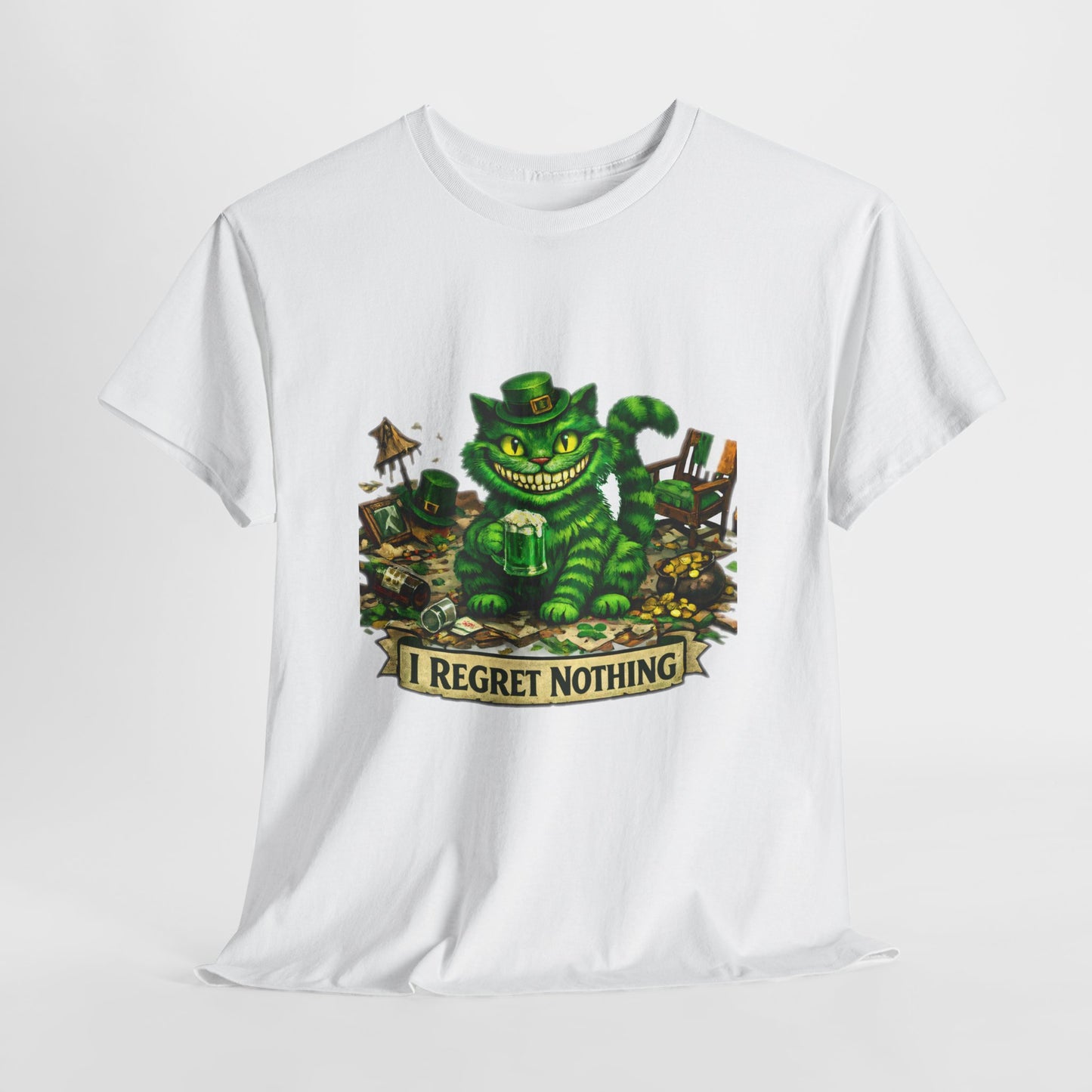 Grinning Cheshire Cat 'I Regret Nothing' Heavy Cotton T-Shirt | Mischief Cartoon Tee