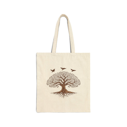 Tree of Life Canvas Tote Bag — Eco-Friendly Nature Market Bag with Birds