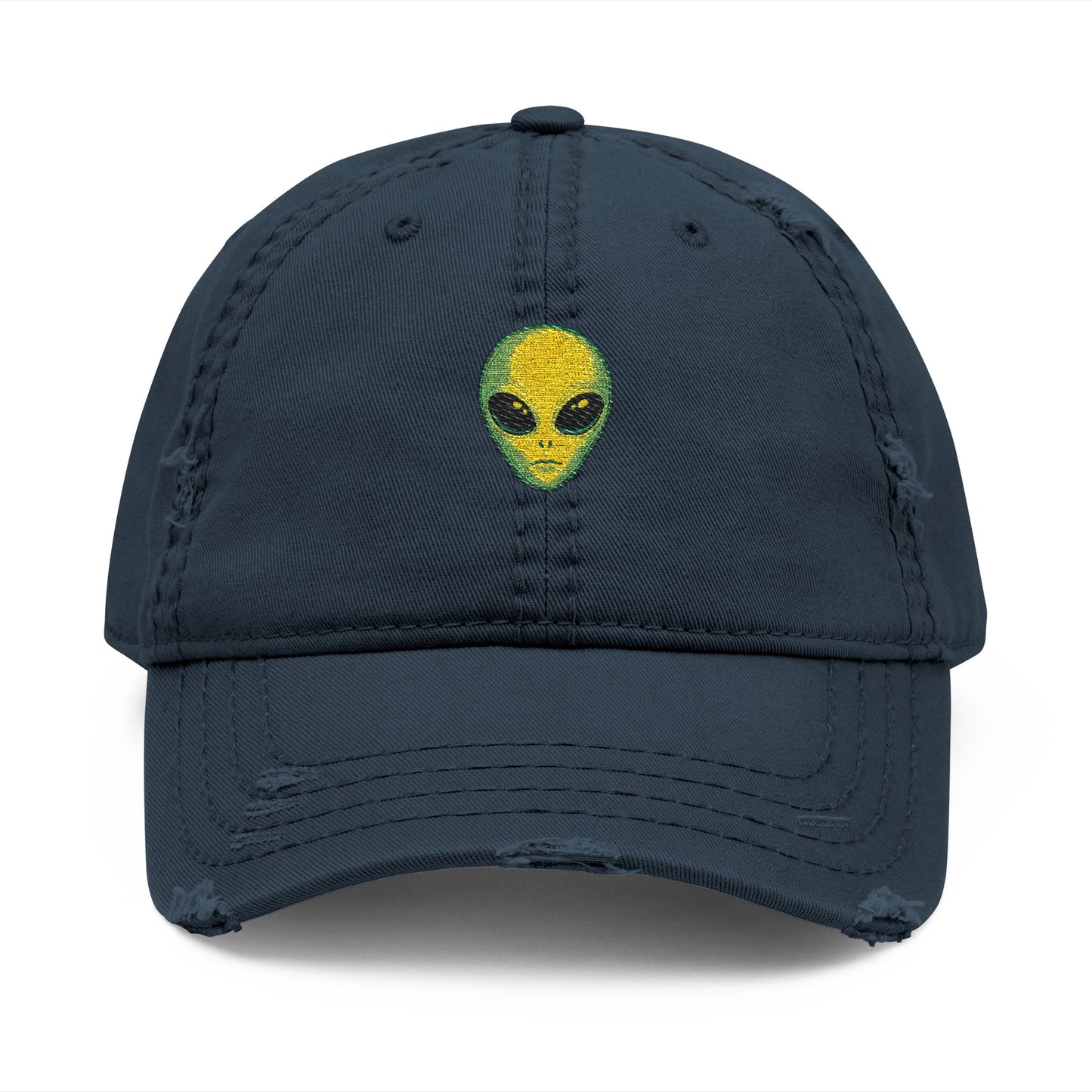 Distressed Embroidered Alien Dad Hat — Vintage Gray Cap