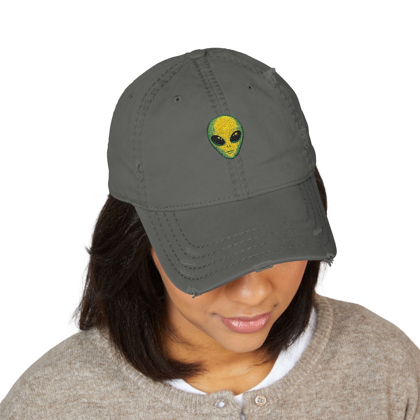 Distressed Embroidered Alien Dad Hat — Vintage Gray Cap