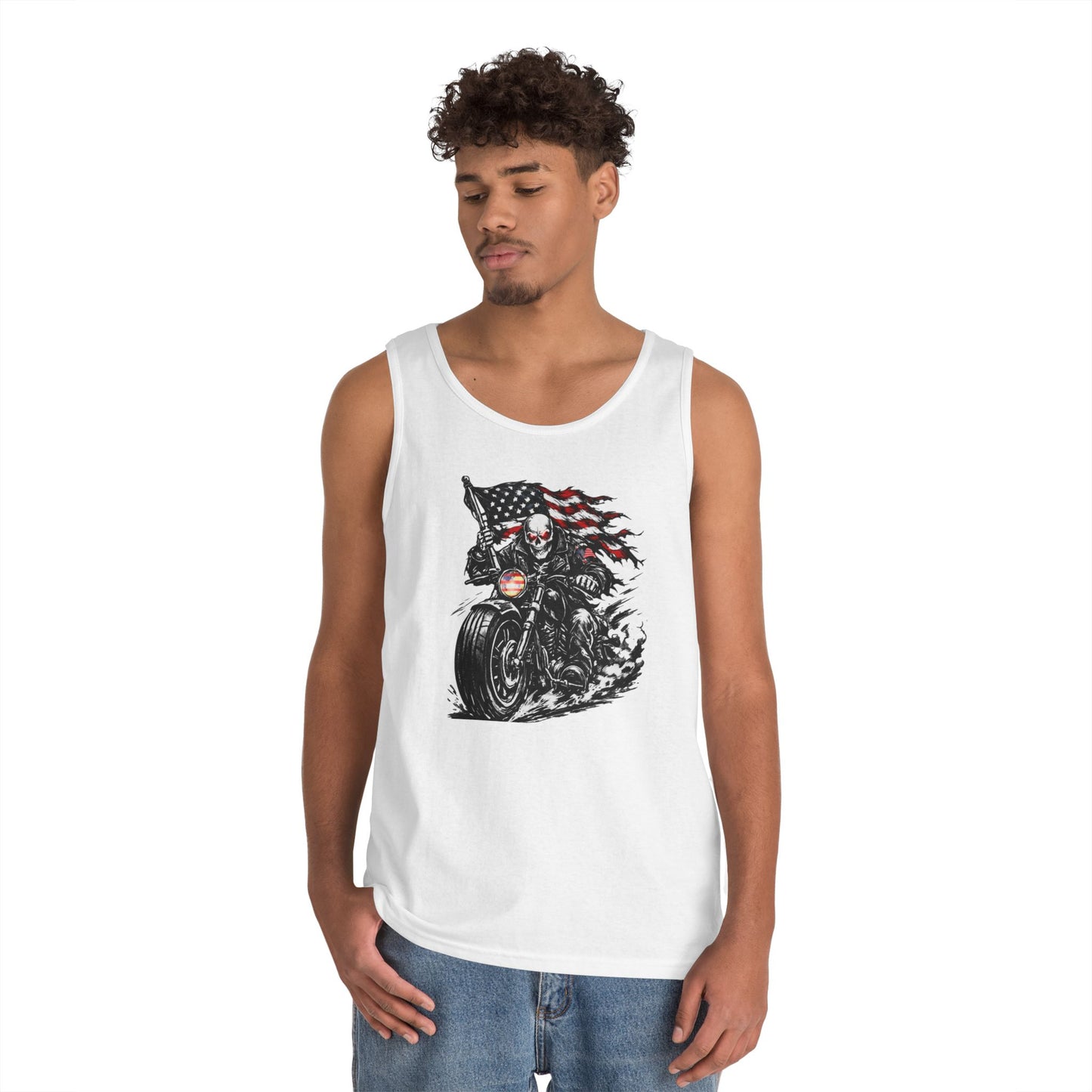 Patriotic Skull Biker Tank Top, American Flag Motorcycle Shirt, American Biker Tank Top — Skull Rider with Waving Flag