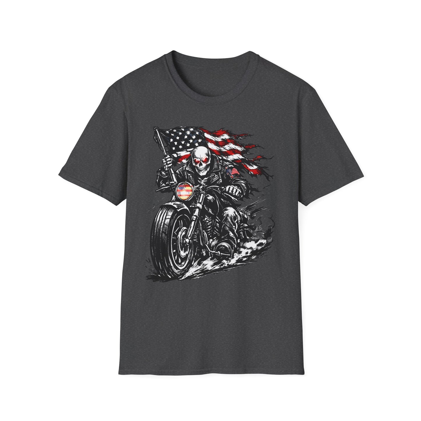 Skull Biker with American Flag T-Shirt | Motorcycle Rider Tee