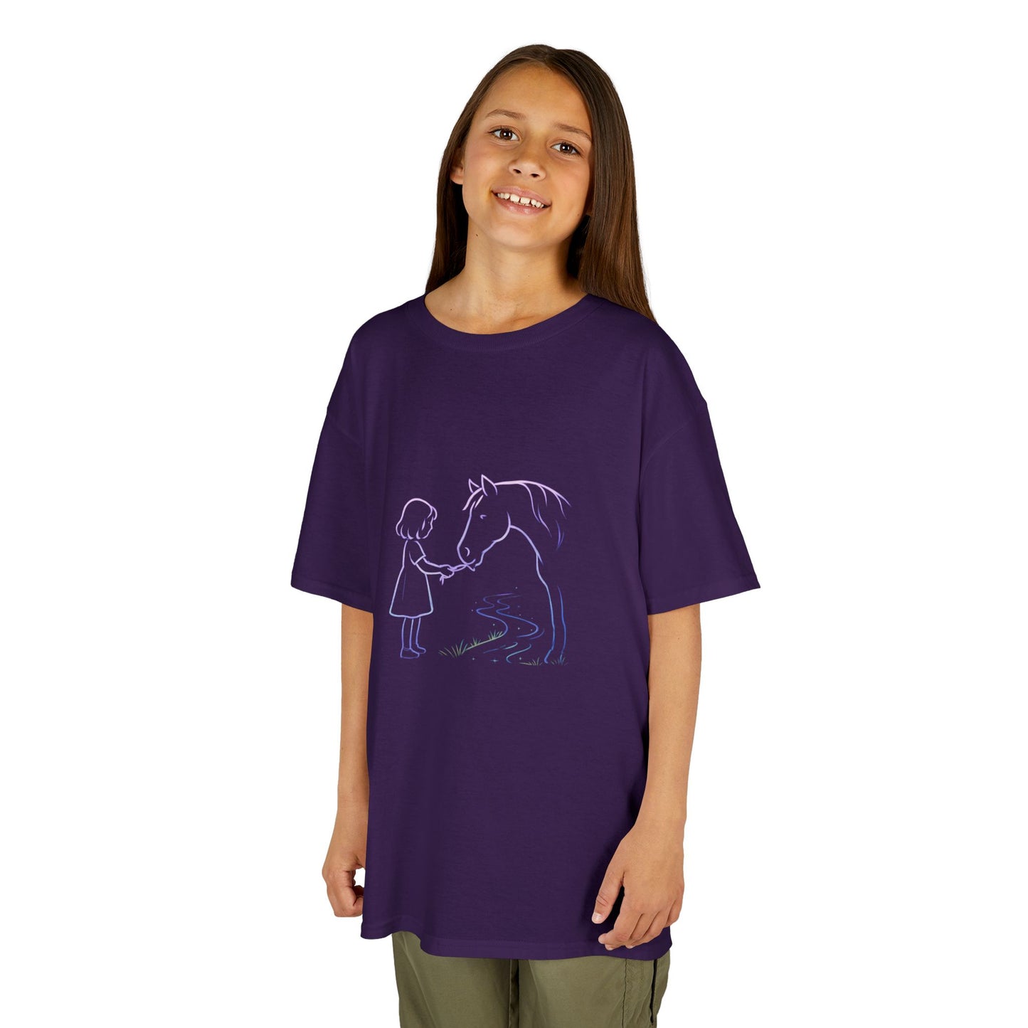 Girl Feeding Horse Kids Tee | Cute Neon Line Art