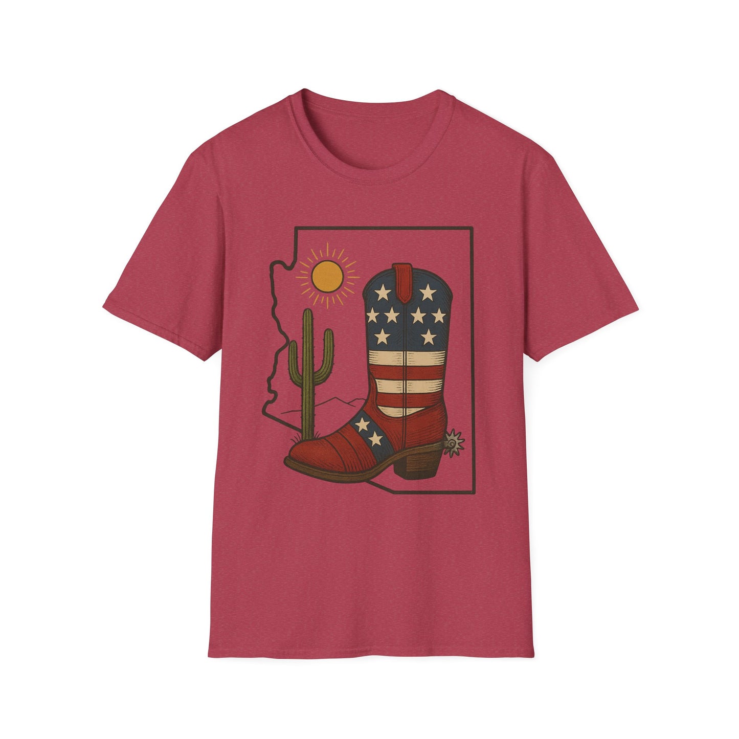 Arizona Cowboy Boot T‑Shirt — USA Patriotic Western Tee with Cactus & Sun