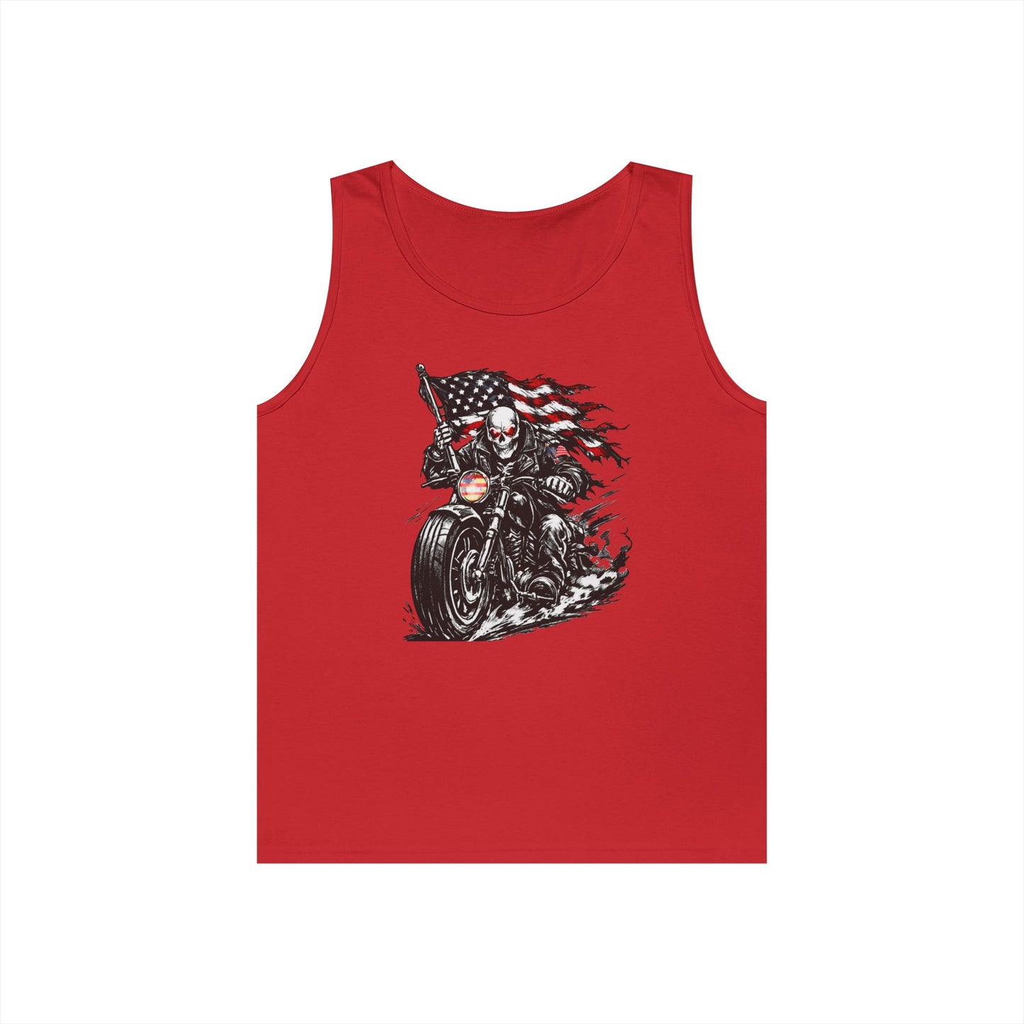 Patriotic Skull Biker Tank Top, American Flag Motorcycle Shirt, American Biker Tank Top — Skull Rider with Waving Flag