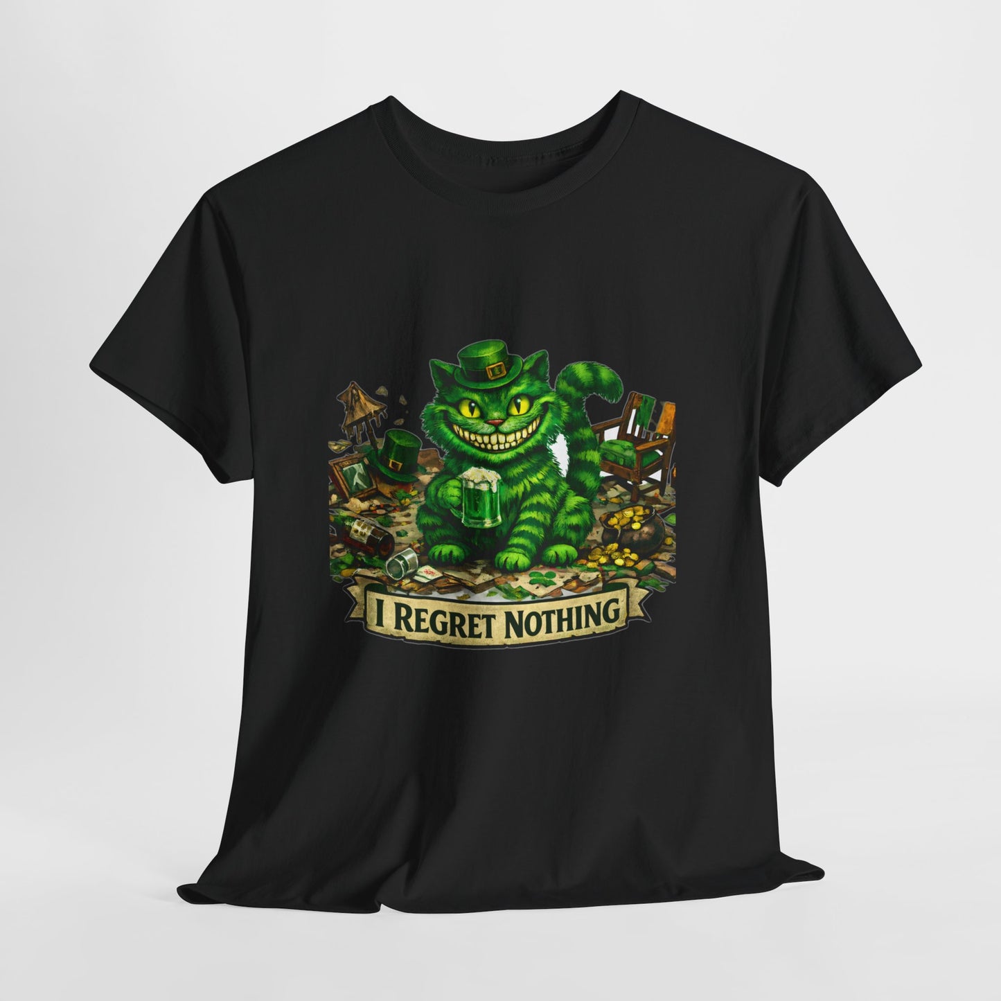 Grinning Cheshire Cat 'I Regret Nothing' Heavy Cotton T-Shirt | Mischief Cartoon Tee