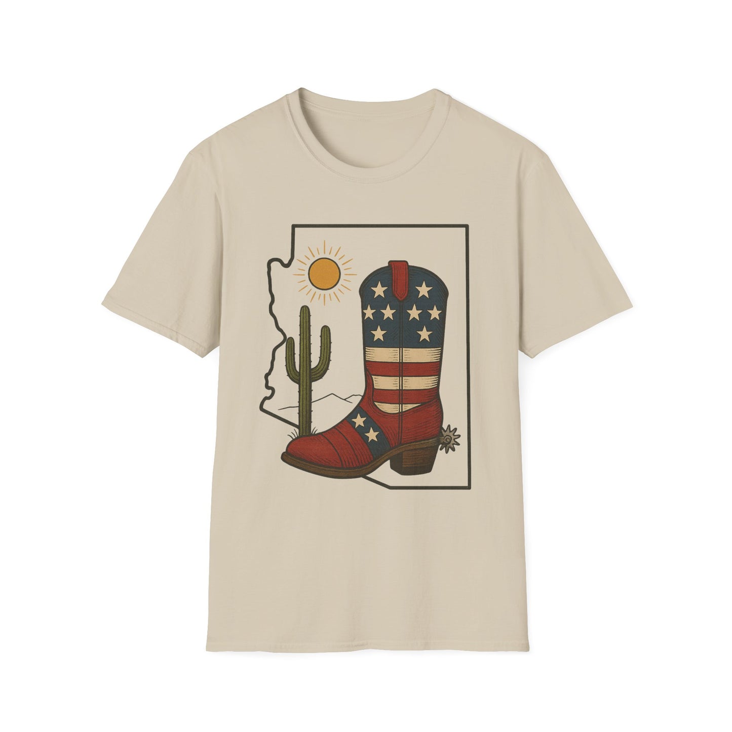 Arizona Cowboy Boot T‑Shirt — USA Patriotic Western Tee with Cactus & Sun