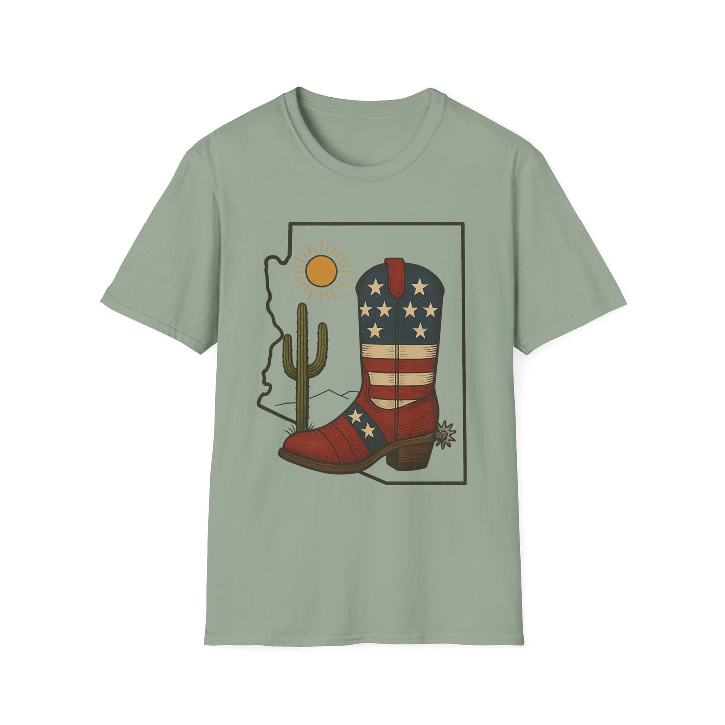 Arizona Cowboy Boot T‑Shirt — USA Patriotic Western Tee with Cactus & Sun