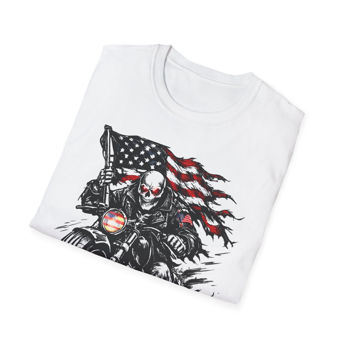 Skull Biker with American Flag T-Shirt | Motorcycle Rider Tee