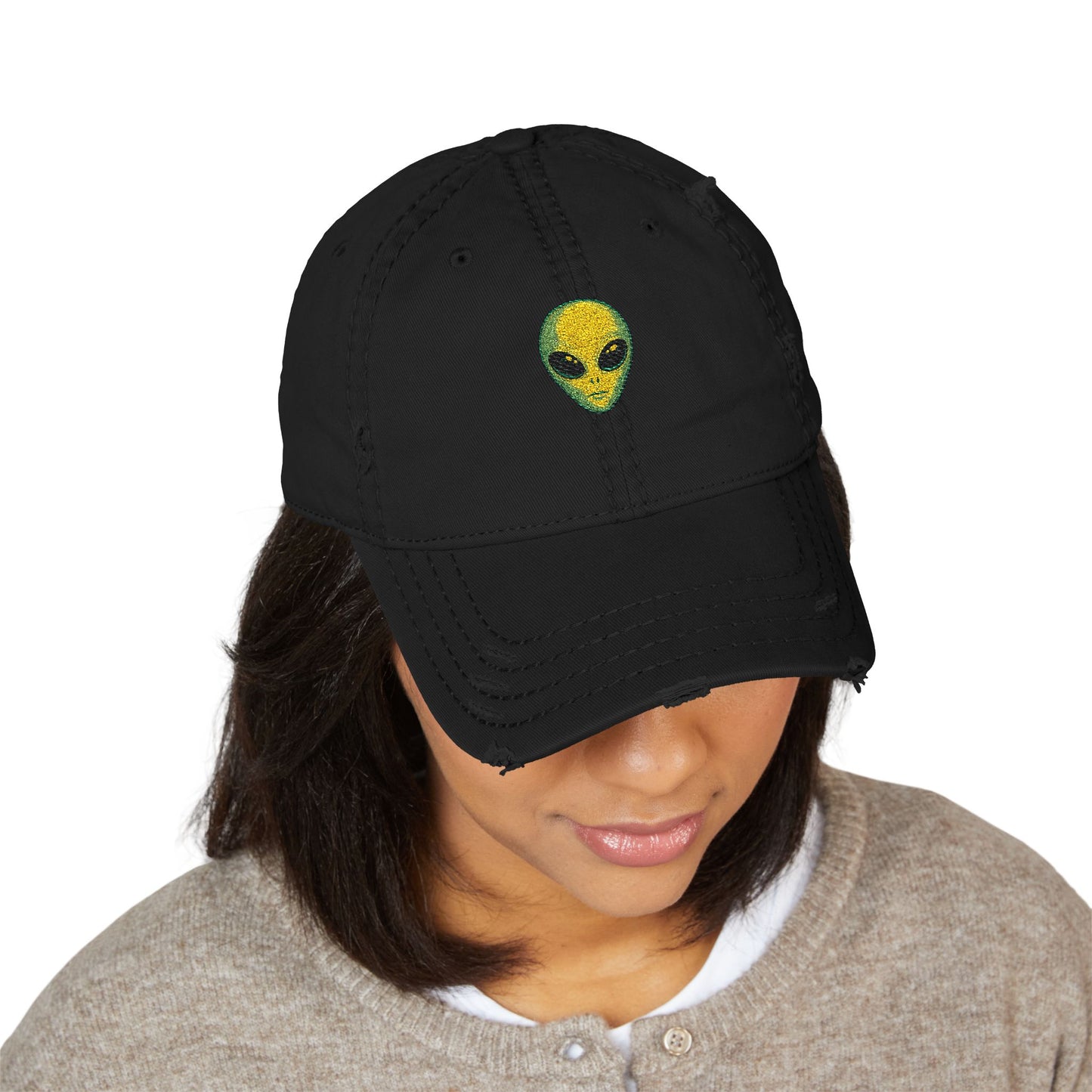 Distressed Embroidered Alien Dad Hat — Vintage Gray Cap
