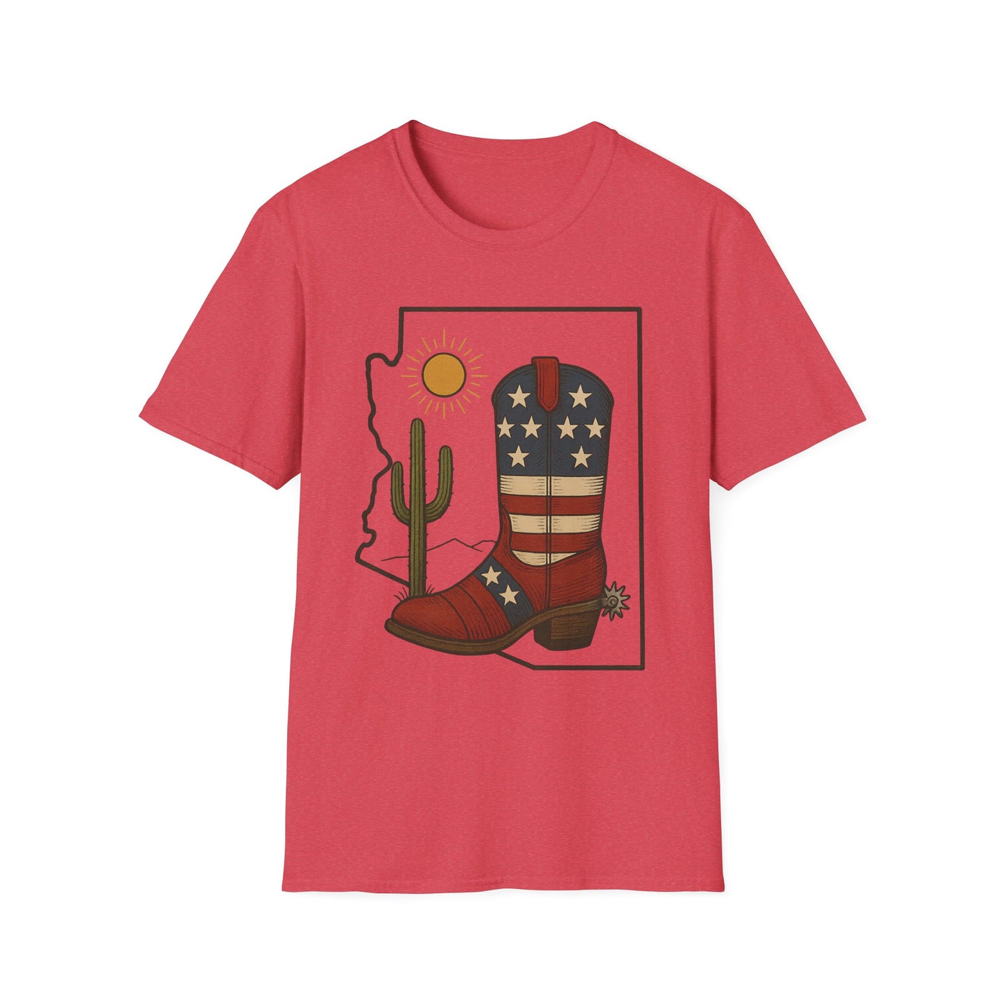 Arizona Cowboy Boot T‑Shirt — USA Patriotic Western Tee with Cactus & Sun