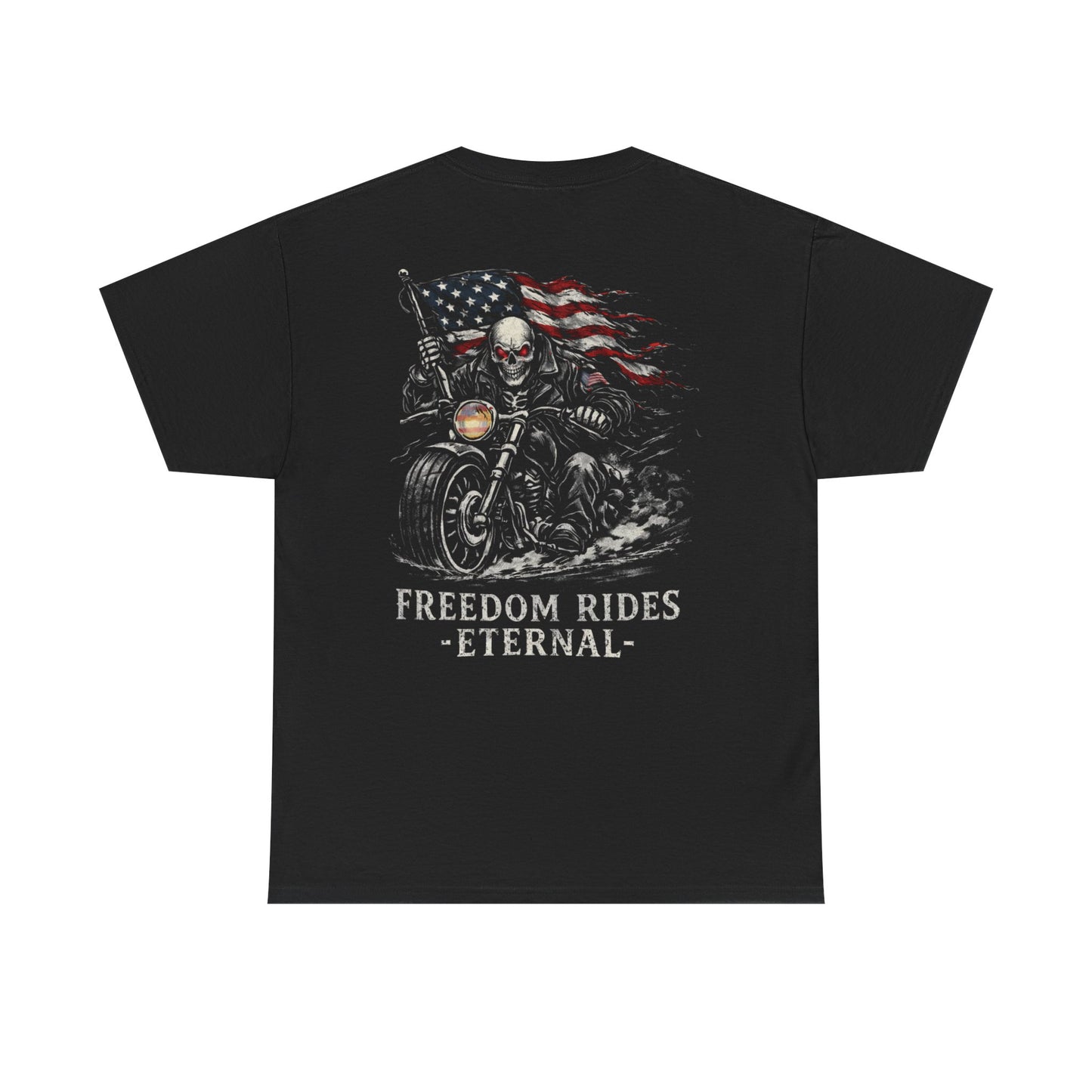 Freedom Rides Eternal Motorcycle Tee | Skull Biker American Flag