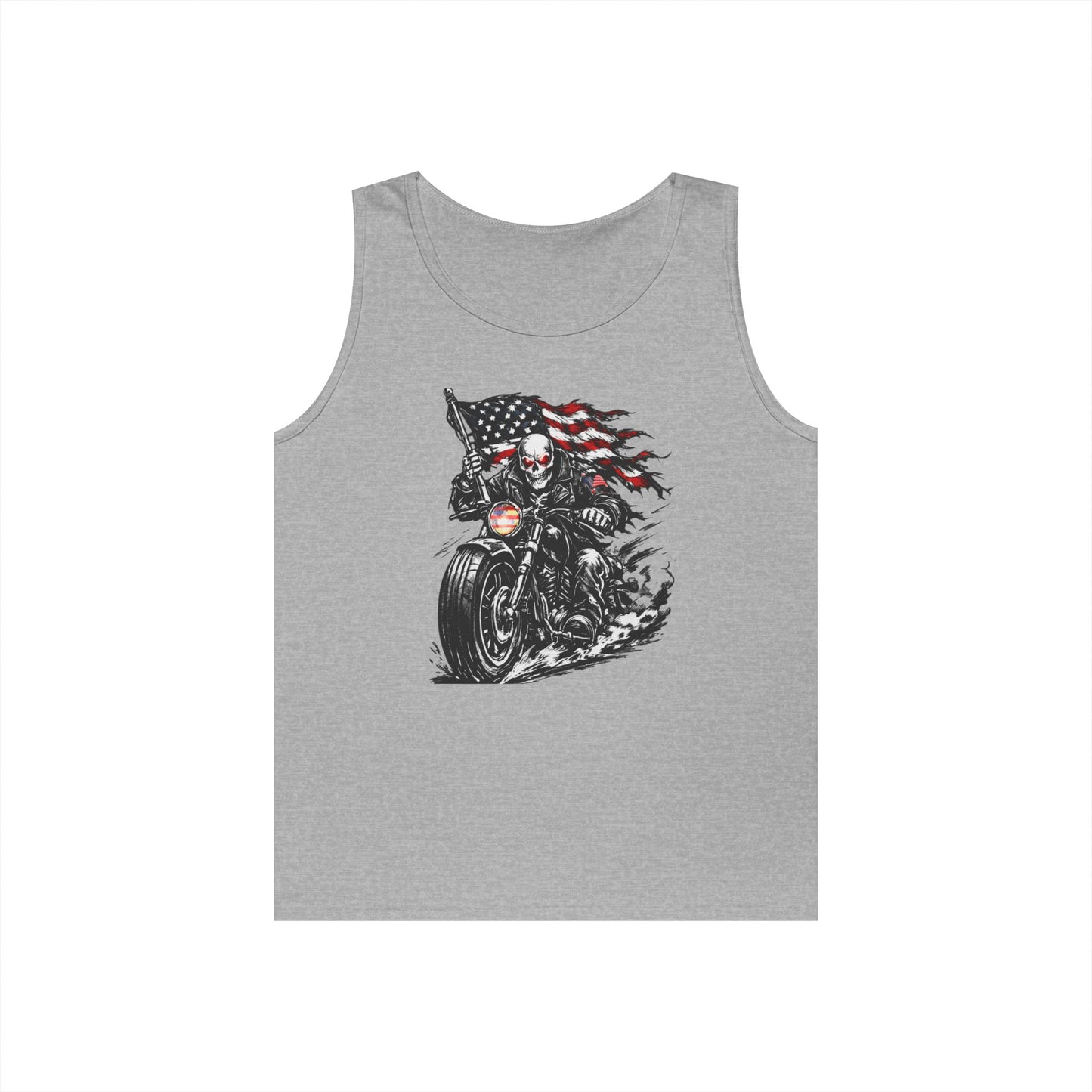Patriotic Skull Biker Tank Top, American Flag Motorcycle Shirt, American Biker Tank Top — Skull Rider with Waving Flag