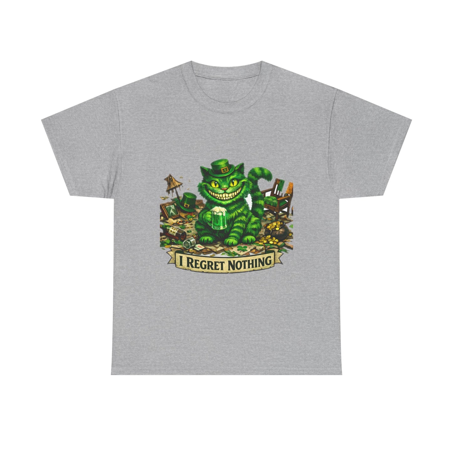 Grinning Cheshire Cat 'I Regret Nothing' Heavy Cotton T-Shirt | Mischief Cartoon Tee