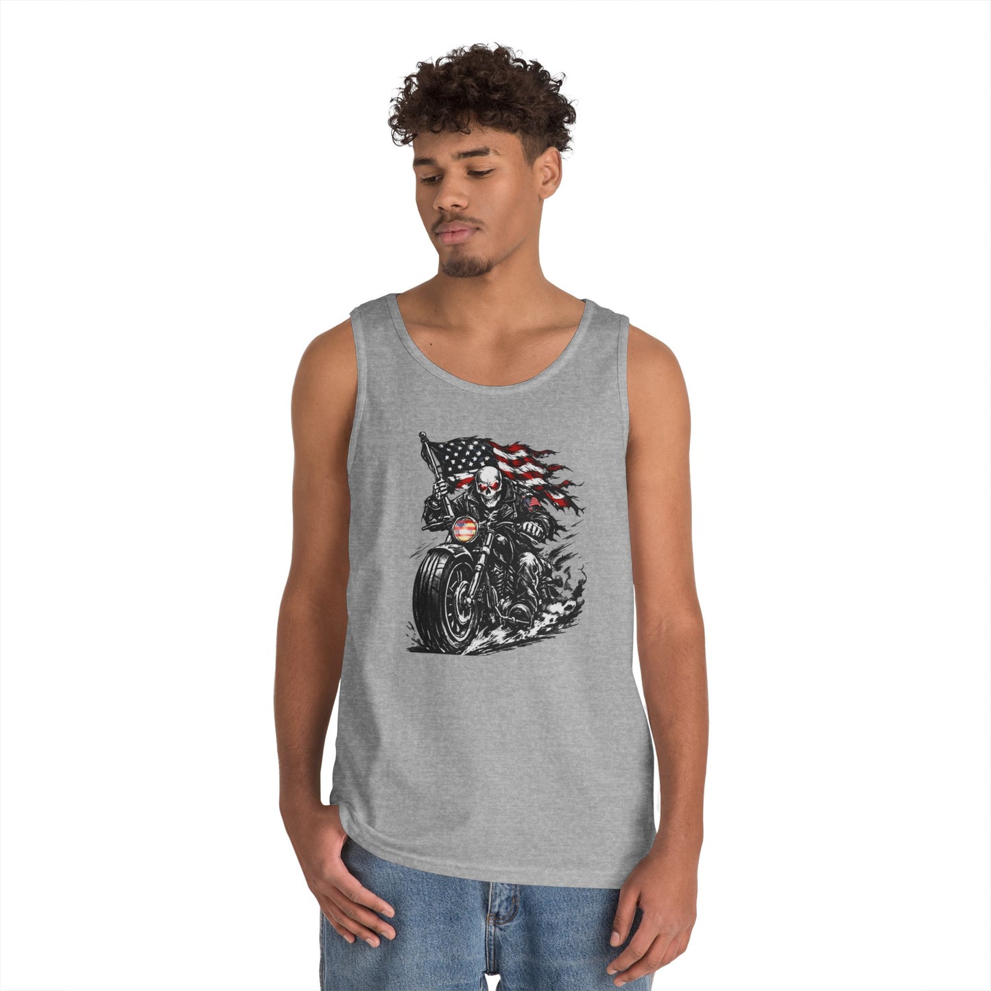 Patriotic Skull Biker Tank Top, American Flag Motorcycle Shirt, American Biker Tank Top — Skull Rider with Waving Flag