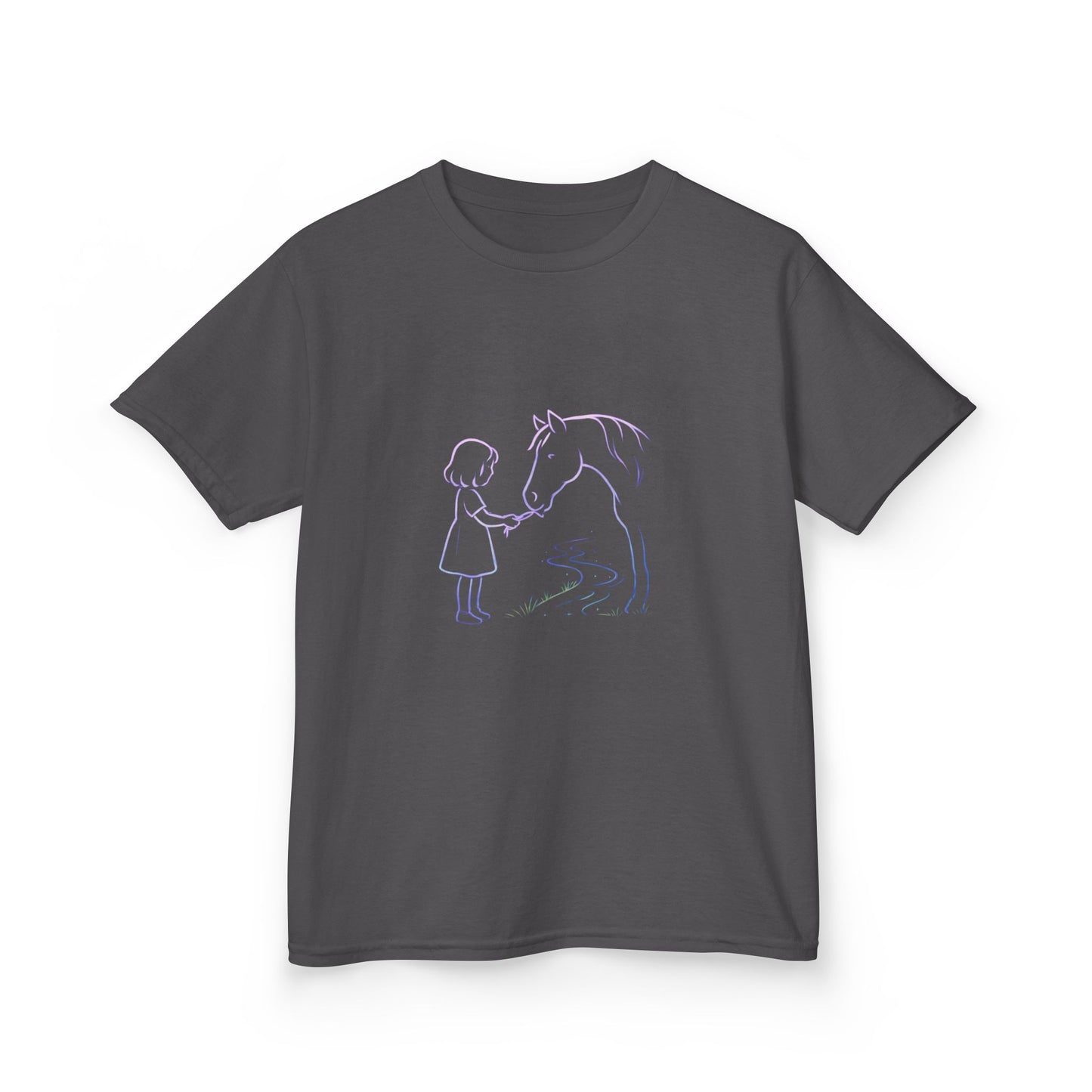 Girl Feeding Horse Kids Tee | Cute Neon Line Art