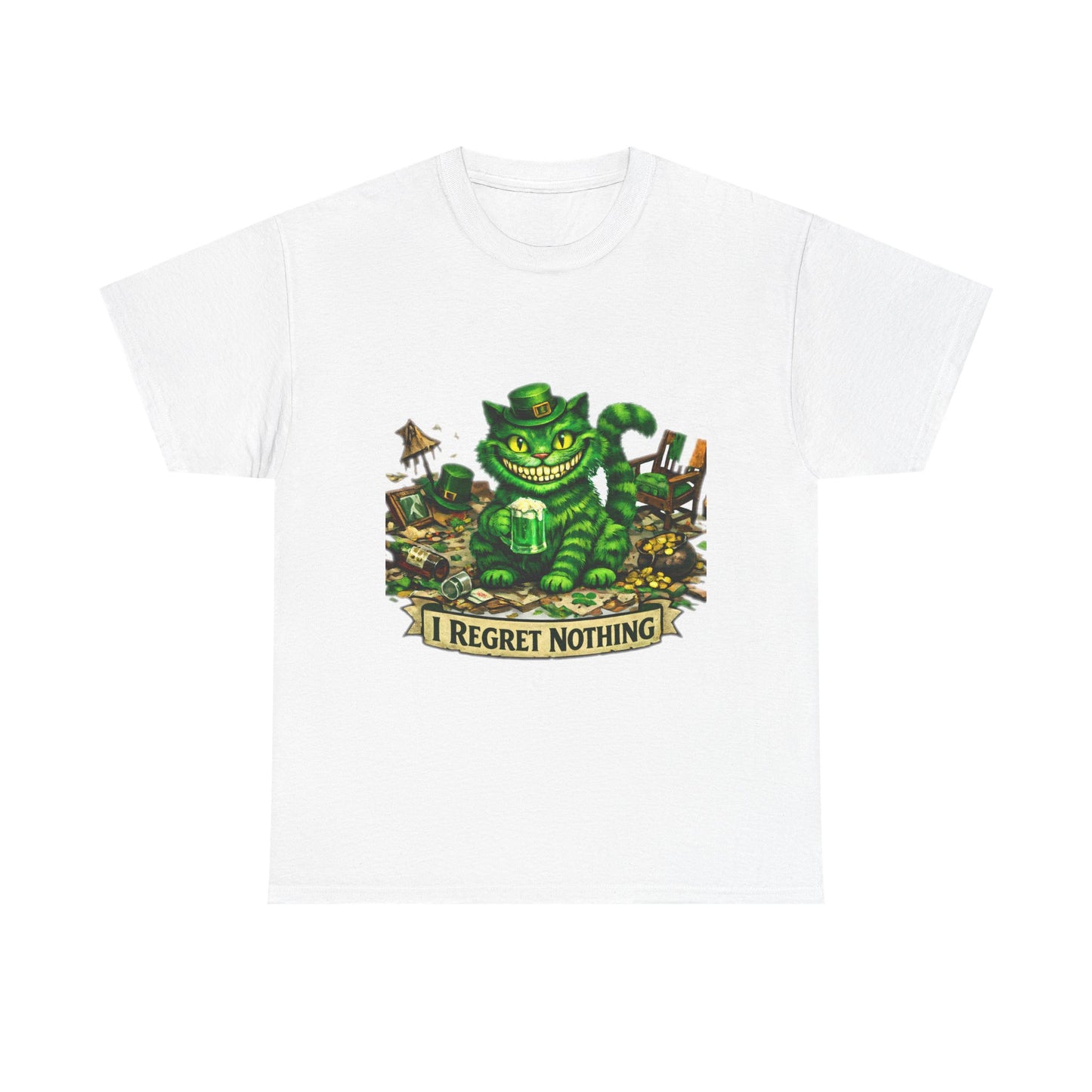 Grinning Cheshire Cat 'I Regret Nothing' Heavy Cotton T-Shirt | Mischief Cartoon Tee