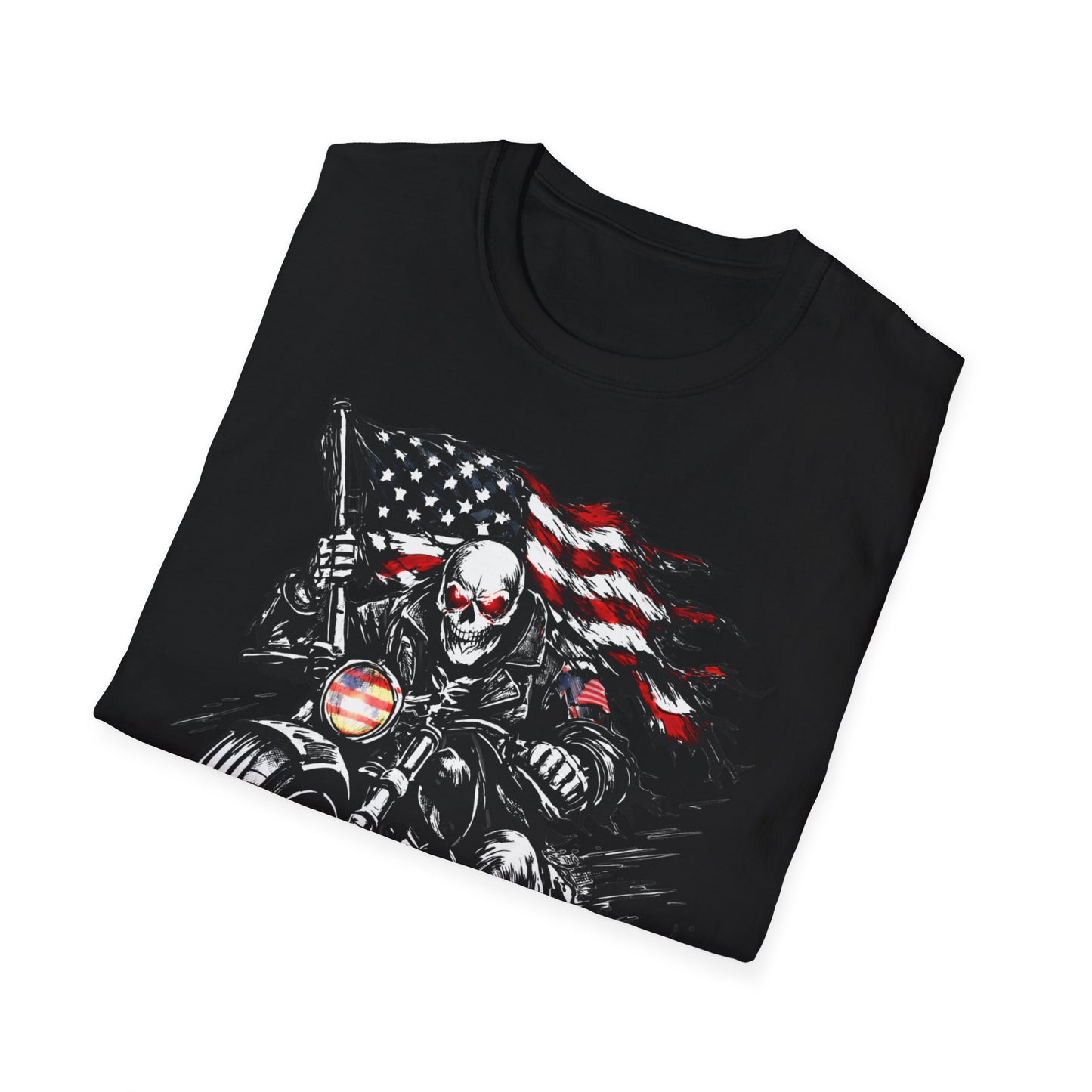 Skull Biker with American Flag T-Shirt | Motorcycle Rider Tee