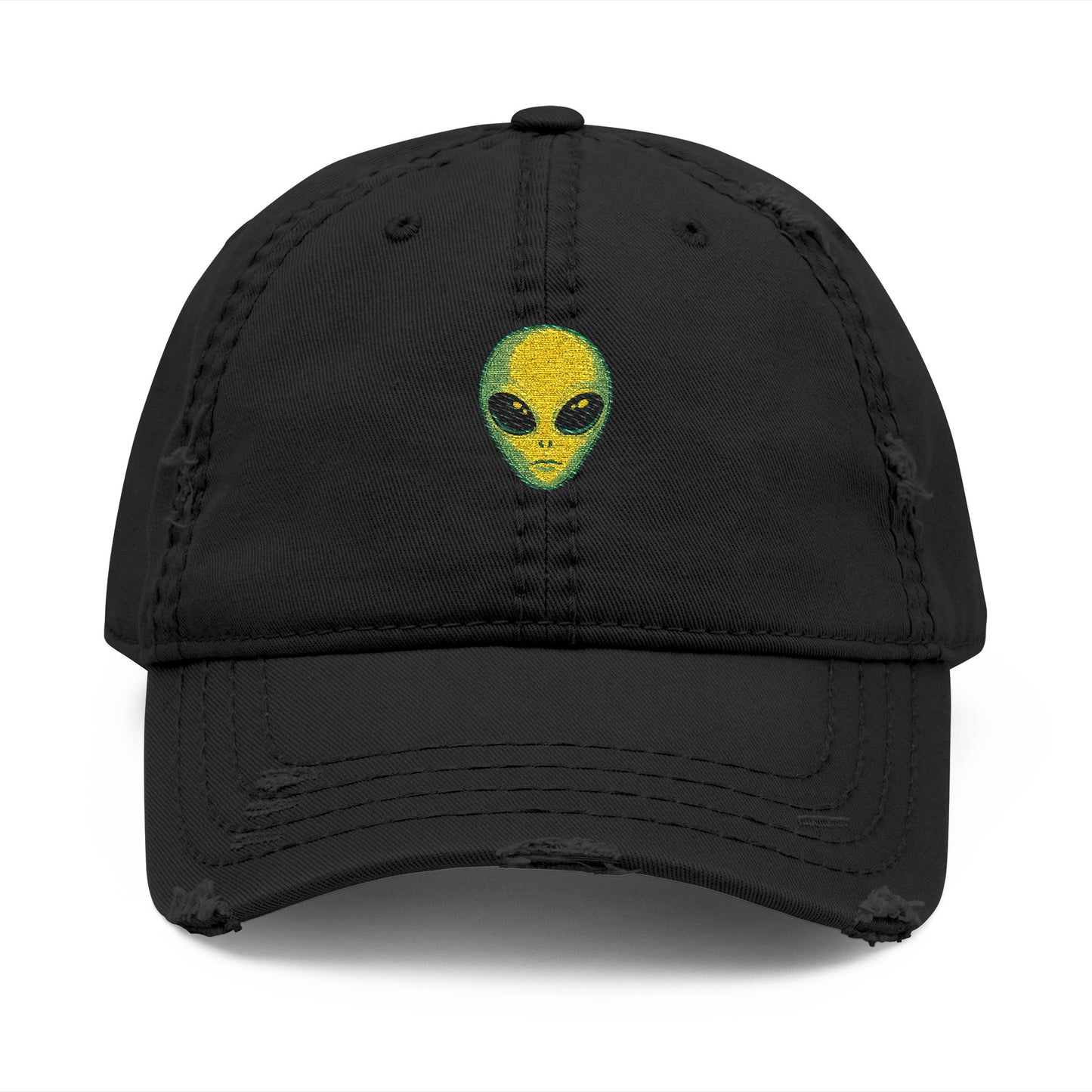 Distressed Embroidered Alien Dad Hat — Vintage Gray Cap