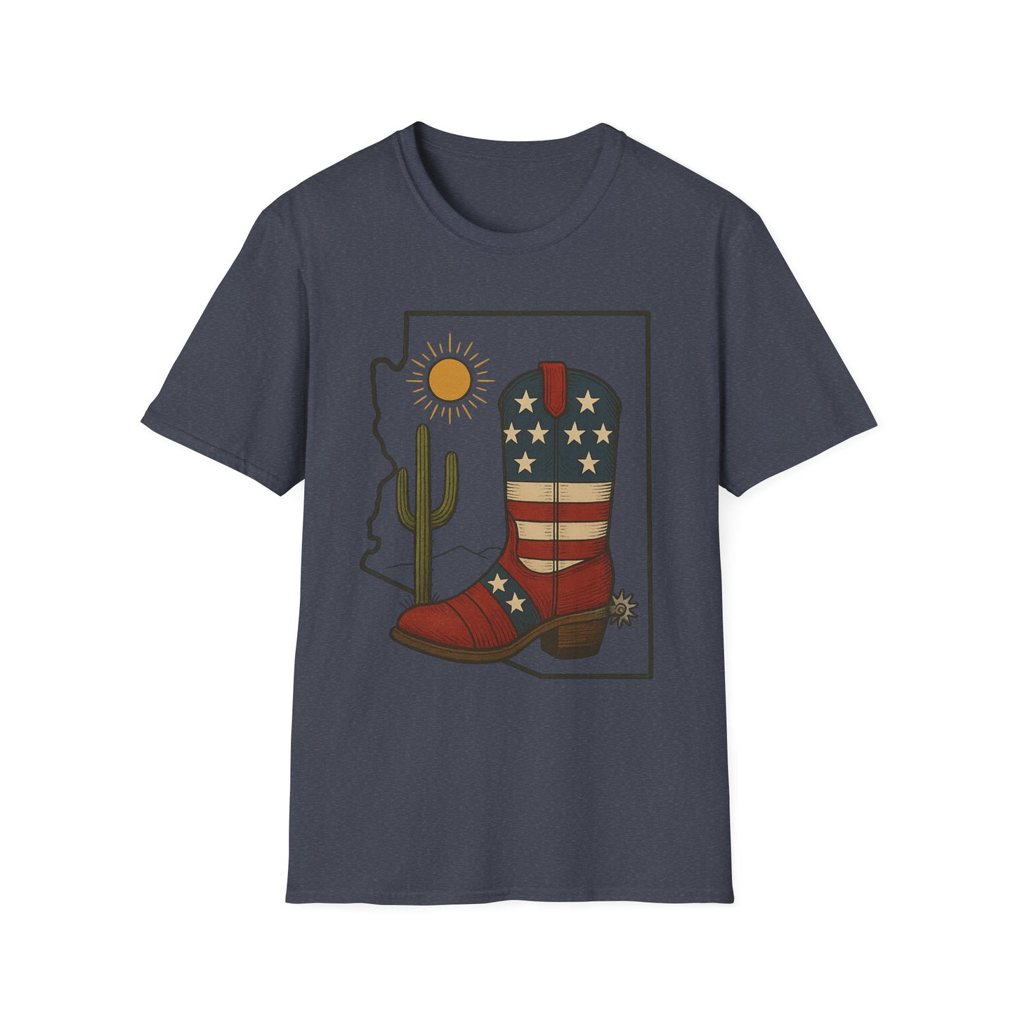 Arizona Cowboy Boot T‑Shirt — USA Patriotic Western Tee with Cactus & Sun