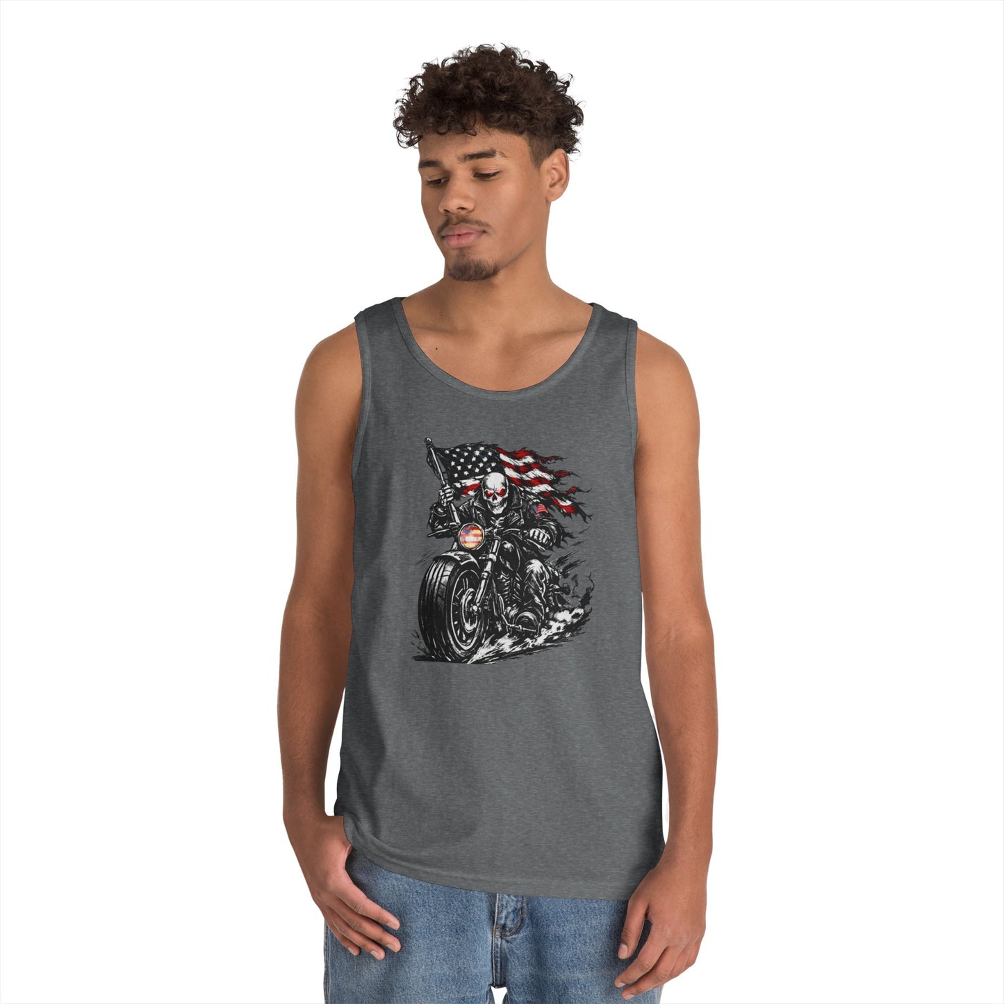Patriotic Skull Biker Tank Top, American Flag Motorcycle Shirt, American Biker Tank Top — Skull Rider with Waving Flag
