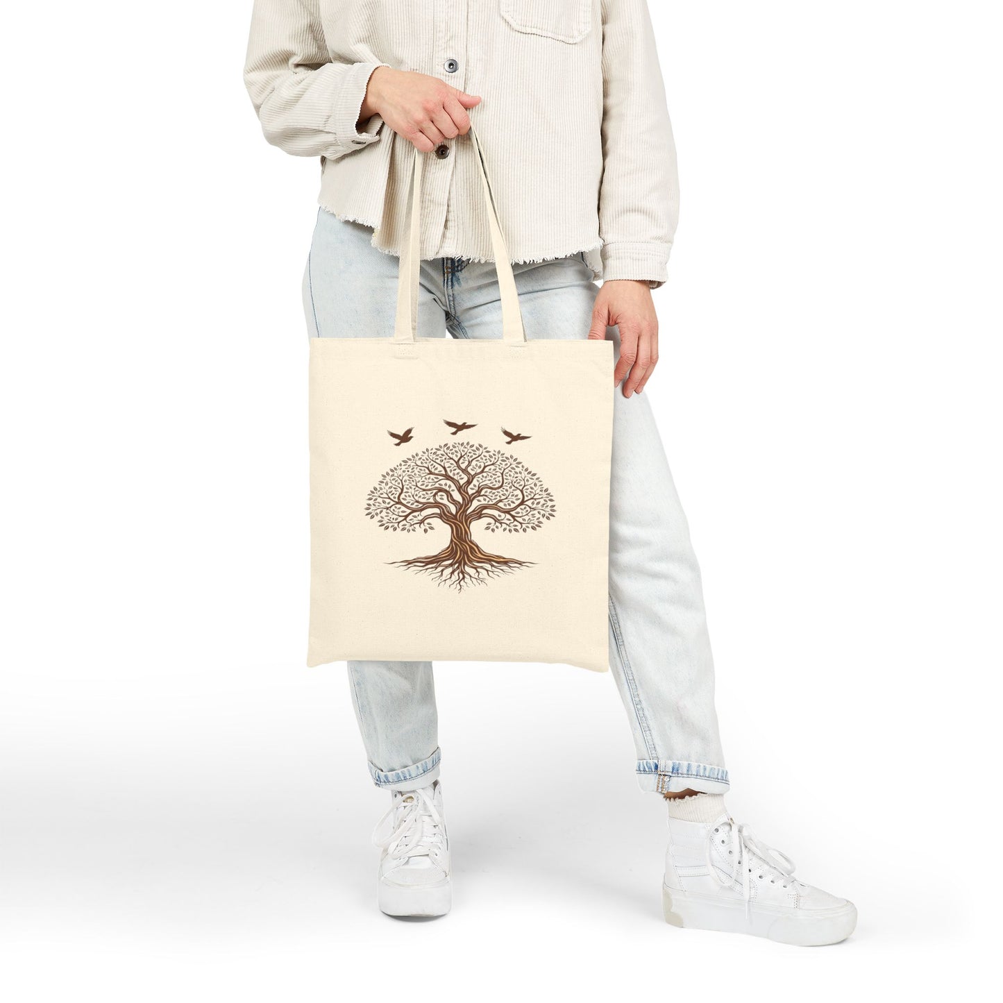 Tree of Life Canvas Tote Bag — Eco-Friendly Nature Market Bag with Birds