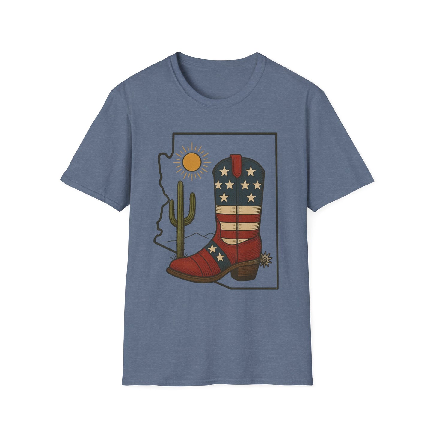 Arizona Cowboy Boot T‑Shirt — USA Patriotic Western Tee with Cactus & Sun