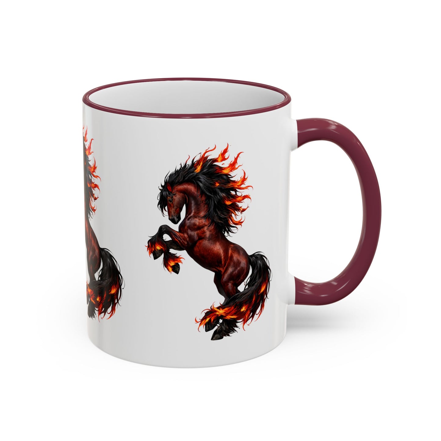 Flaming Horse Accent Rim Mug — Fiery Stallion Coffee Cup (11oz/15oz)