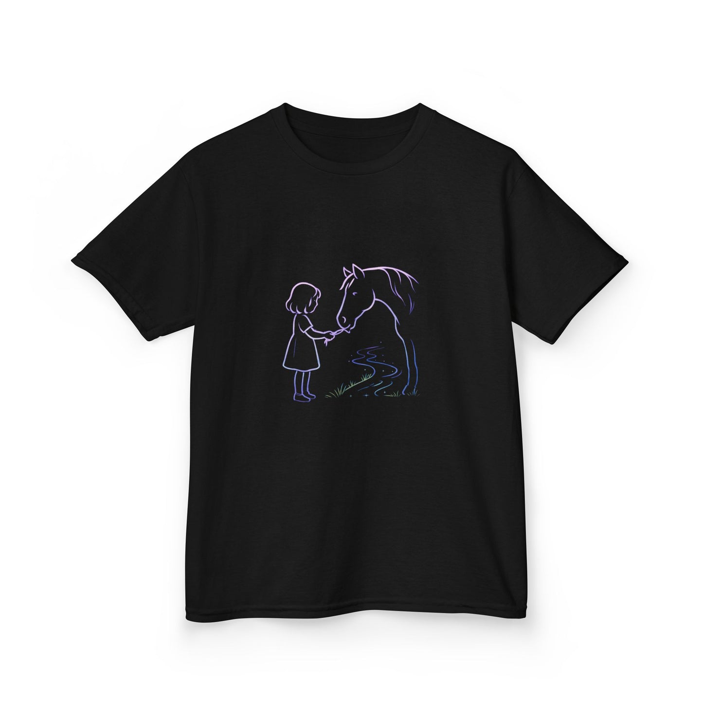 Girl Feeding Horse Kids Tee | Cute Neon Line Art